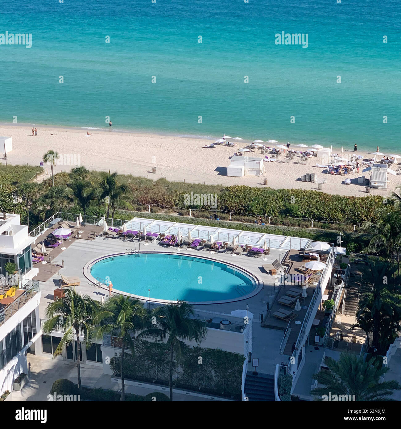 December, 2021, view of a pool and the beach at Eden Roc and Nobu Hotel ...