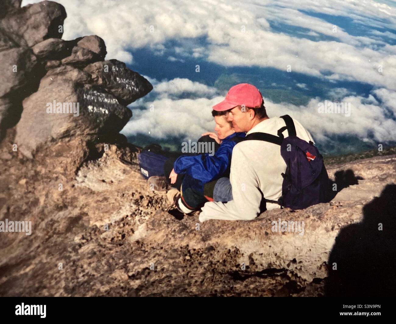 Resting at sunrise on top of Ganung Agung in Bali, Indonesia. - Smartphone Captured Stock Image