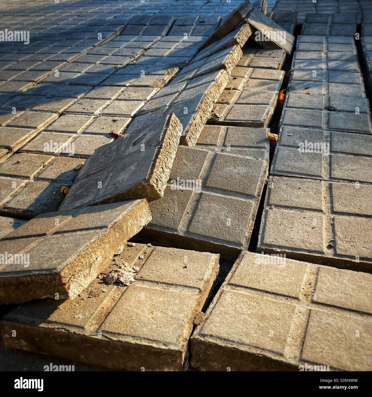Broken and uneven sidewalk tiles, caused by a lack of maintenance, pose a danger to pedestrians - Smartphone Captured Stock Image