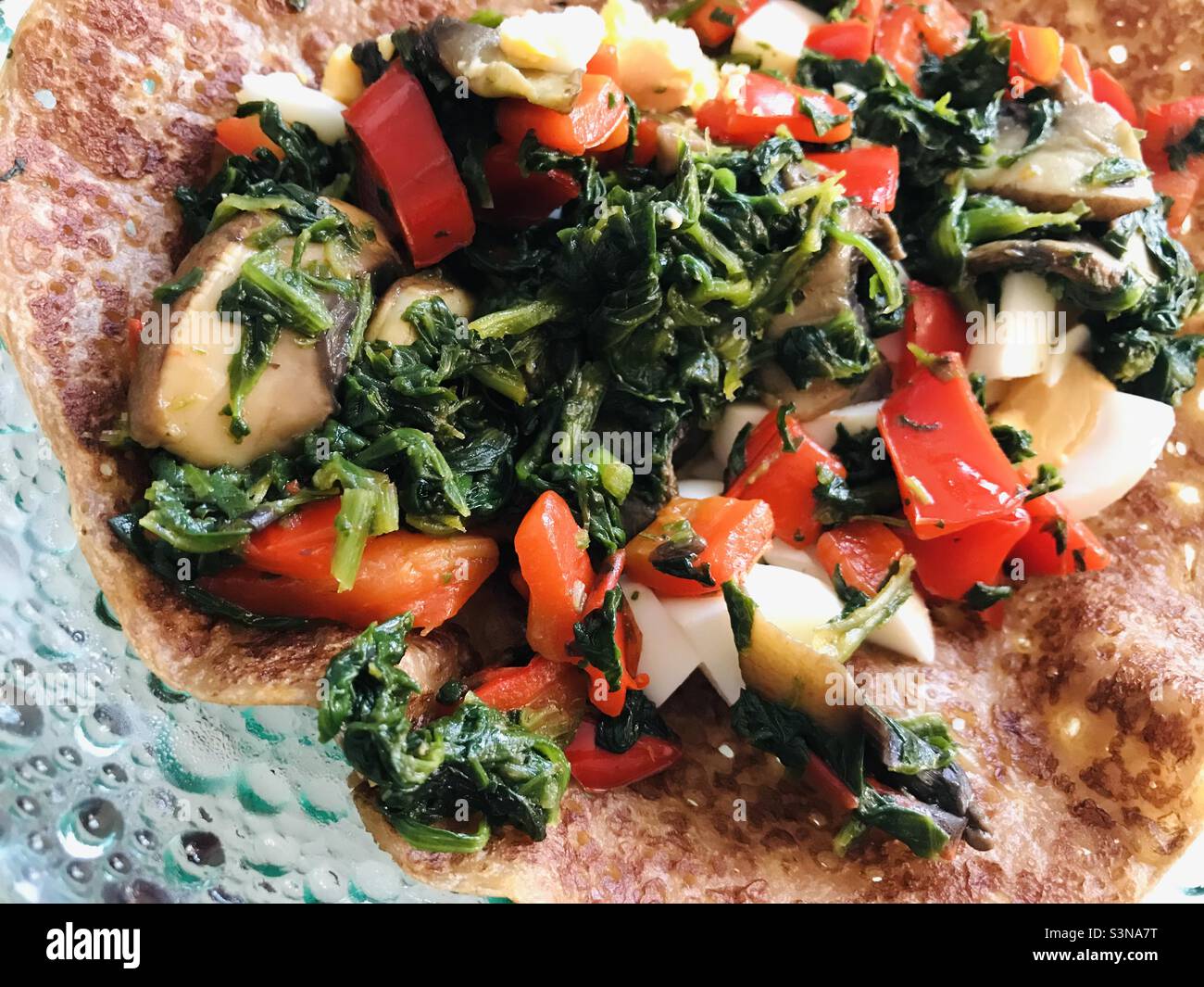 Veggies pancake- Spinach, red pepper, mushrooms and egg - Smartphone Captured Stock Image