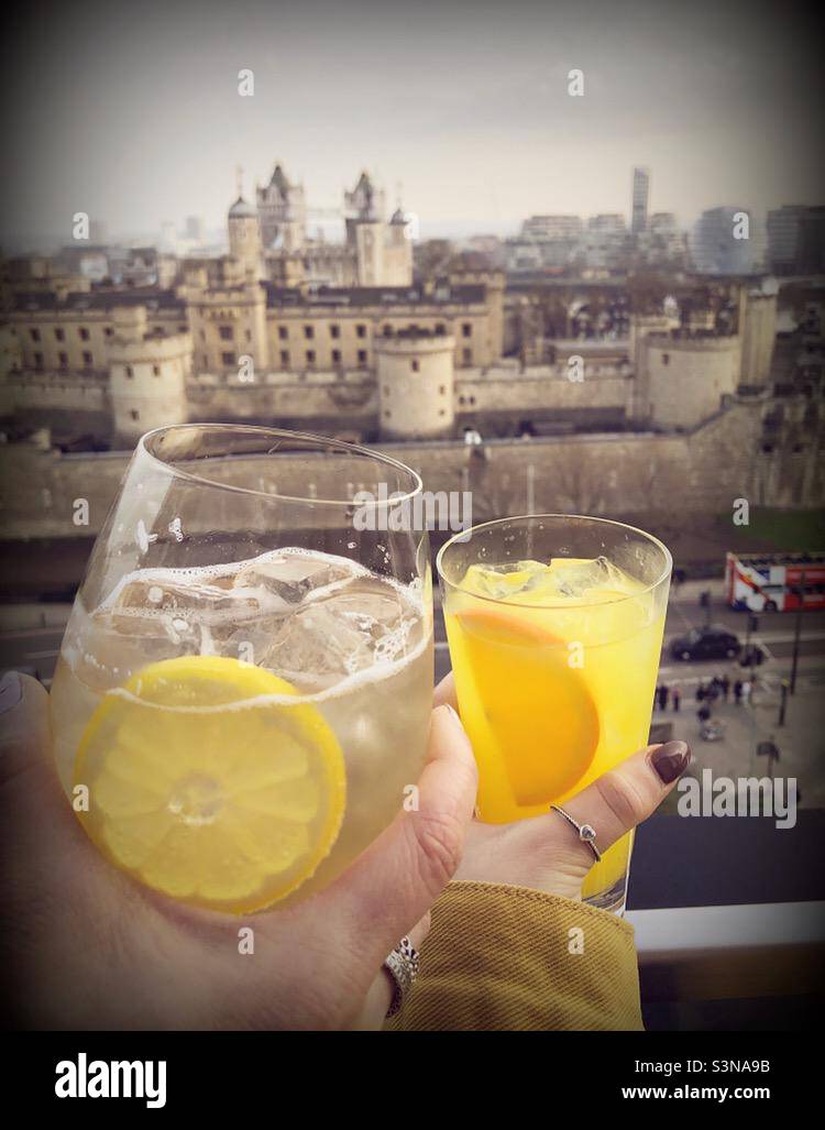 Cheers Tower of London city famous drinks - Smartphone Captured Stock Image