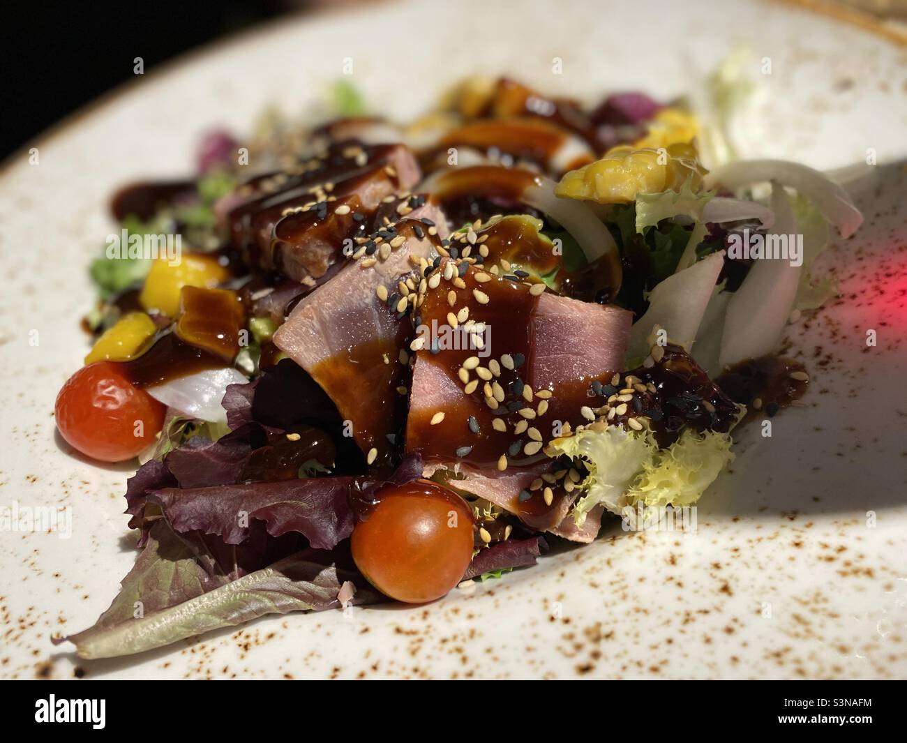 Japanese Food-Tuna Tataki with Sesame Seeds and Cherry Tomatoes - Smartphone Captured Stock Image