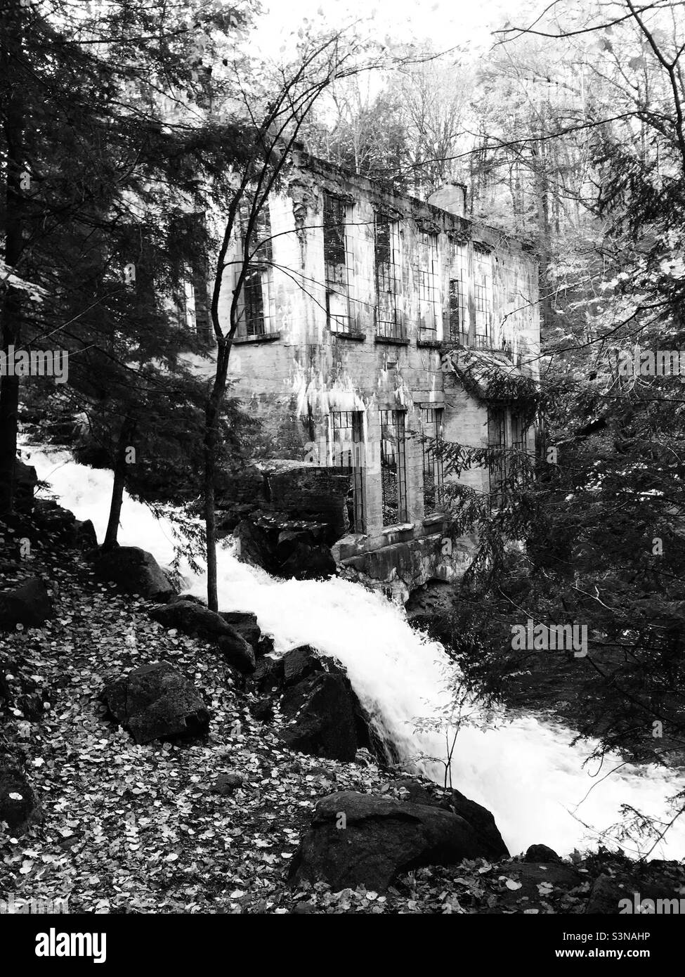 Waterfall on the backside of the carbide Willson Ruins in Gatineau Park. Stock Photo