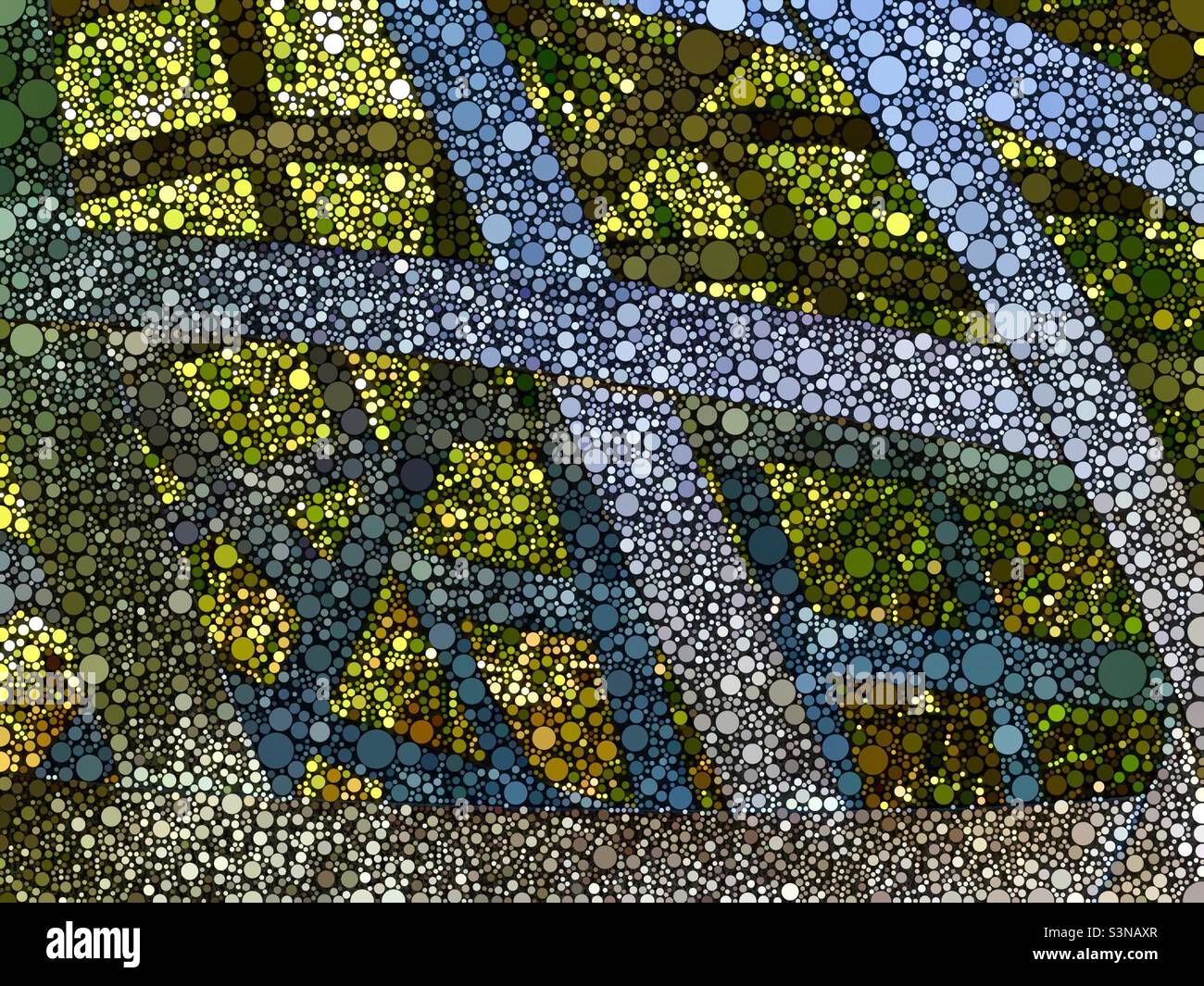 A large open sphere made from steel straps at a local Utah Garden shop would make a fine yard or garden accent. The IOS App Percolator has created the mosaic abstract effects. - Smartphone Captured Stock Image