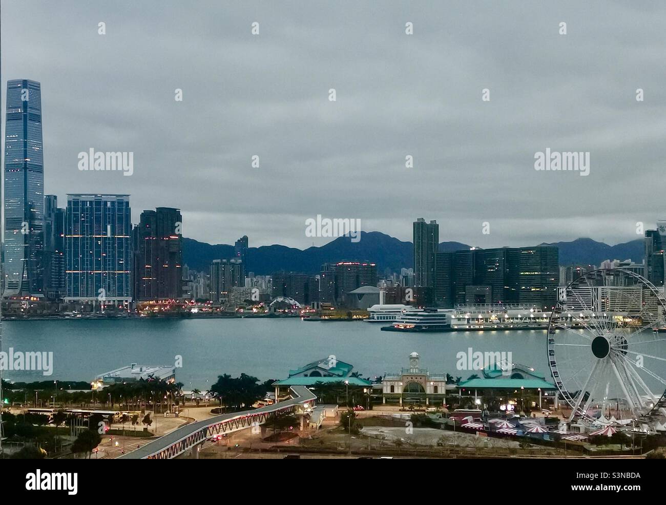 A view of the Victoria harbour and Western Kowloon in Hong Kong. - Smartphone Captured Stock Image