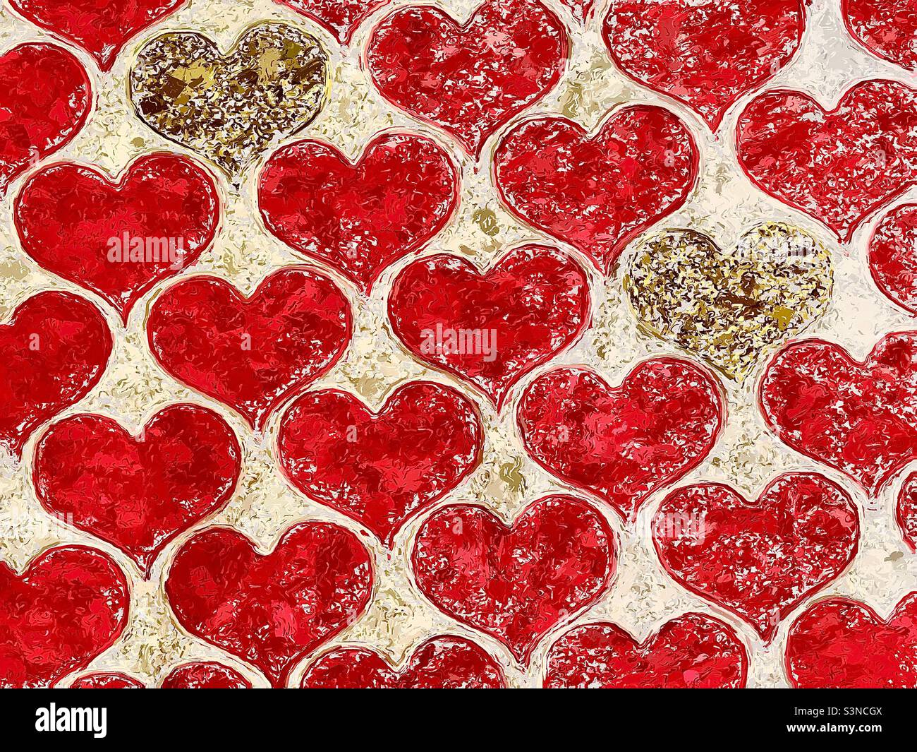 A photograph of part of a Valentine’s Day tablecloth spread over a dining room table has been made painterly and textured using the IOS app Glaze, just in time for the sweetheart holiday. - Smartphone Captured Stock Image