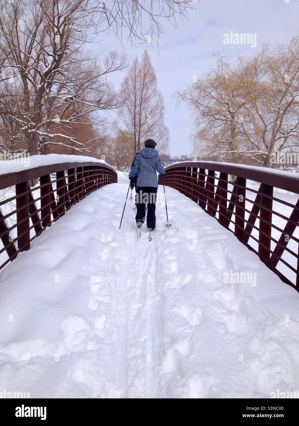 Crossing a bridge on our cross country skis in the Experimental Farm, Ottawa, Canada. - Smartphone Captured Stock Image