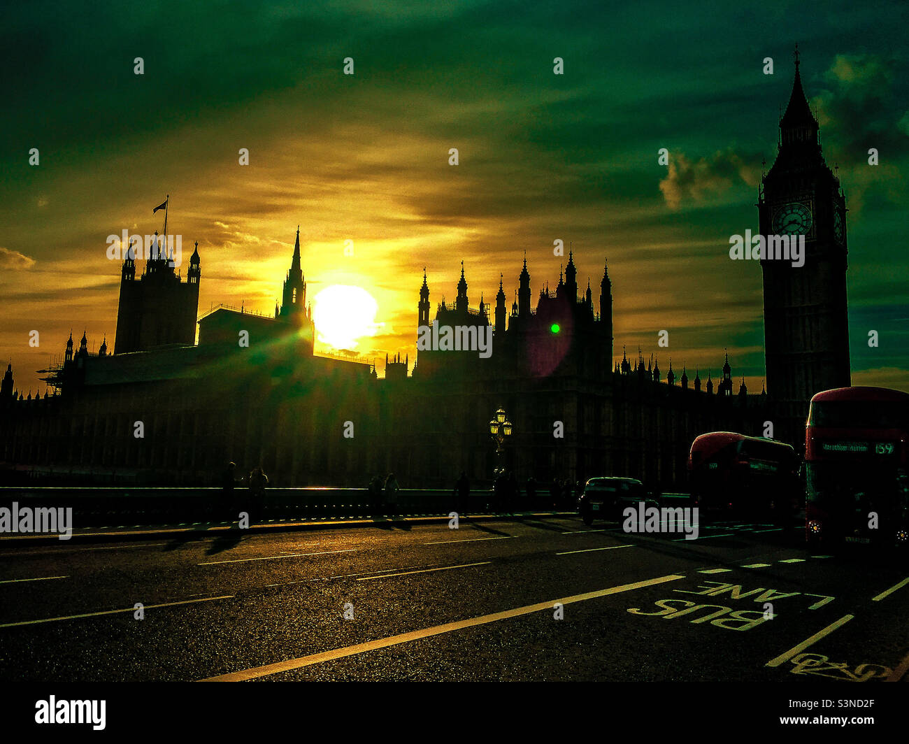 Sunset over the Palace of Westminster in London Stock Photo
