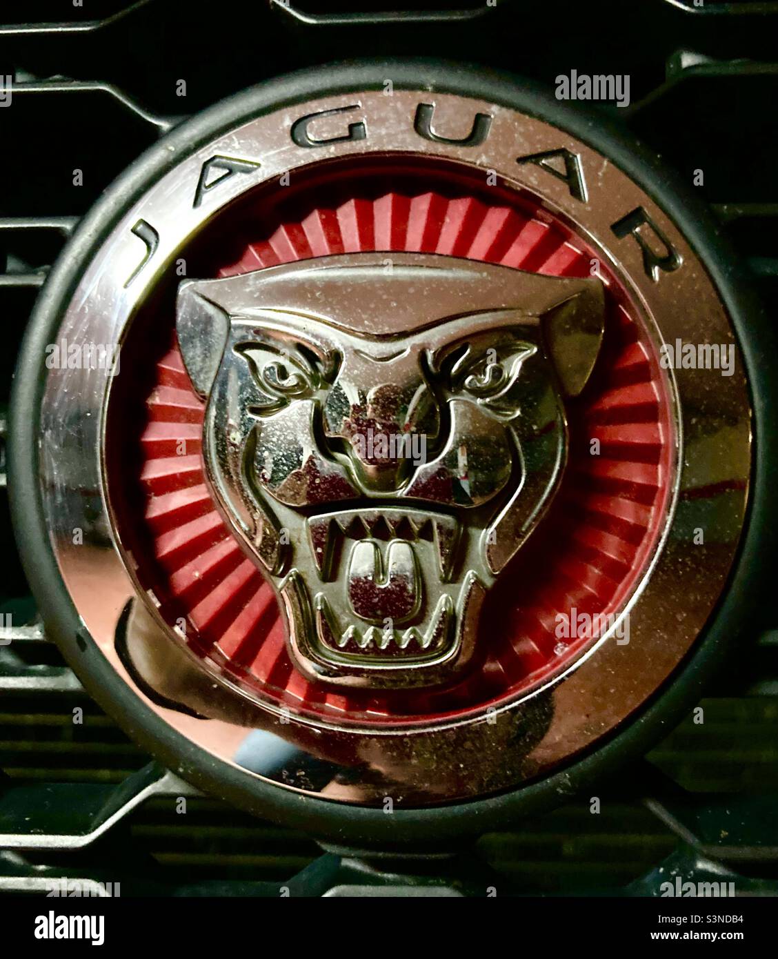 Growling Jaguar car grill badge in chrome and red - Smartphone Captured Stock Image