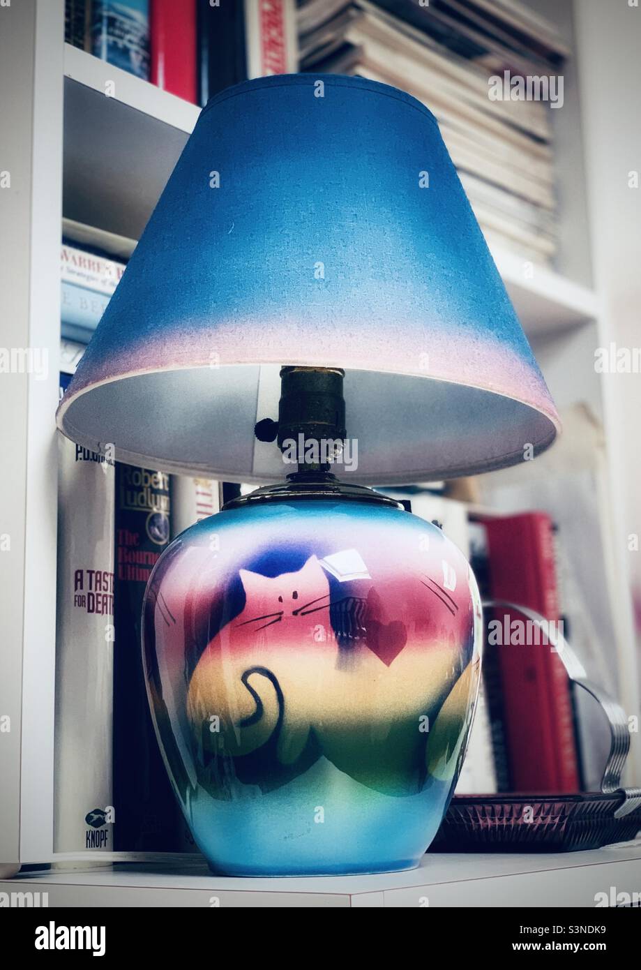 Colorful blue lampshade against bookshelves - Smartphone Captured Stock Image