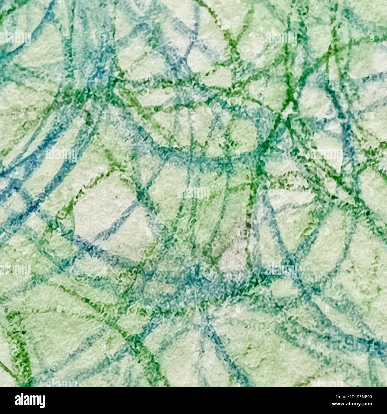 Closeup Abstract watercolor drawing blue and green squiggly circles - Smartphone Captured Stock Image