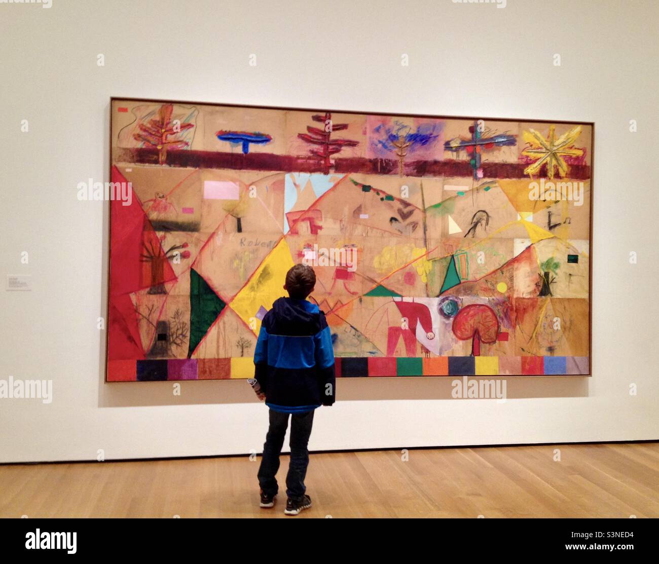 My son studying Sweet Cathy’s Song (for Cathy Elzea) by Joan Snyder at the MoMA in NYC. - Smartphone Captured Stock Image