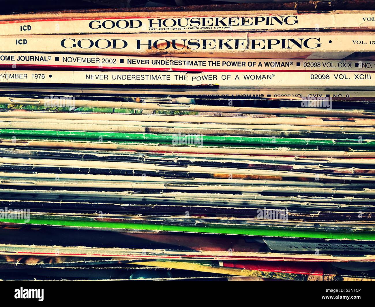 Close up of a stack of vintage magazines from 1960s and 1970s, USA, 2022 - Smartphone Captured Stock Image