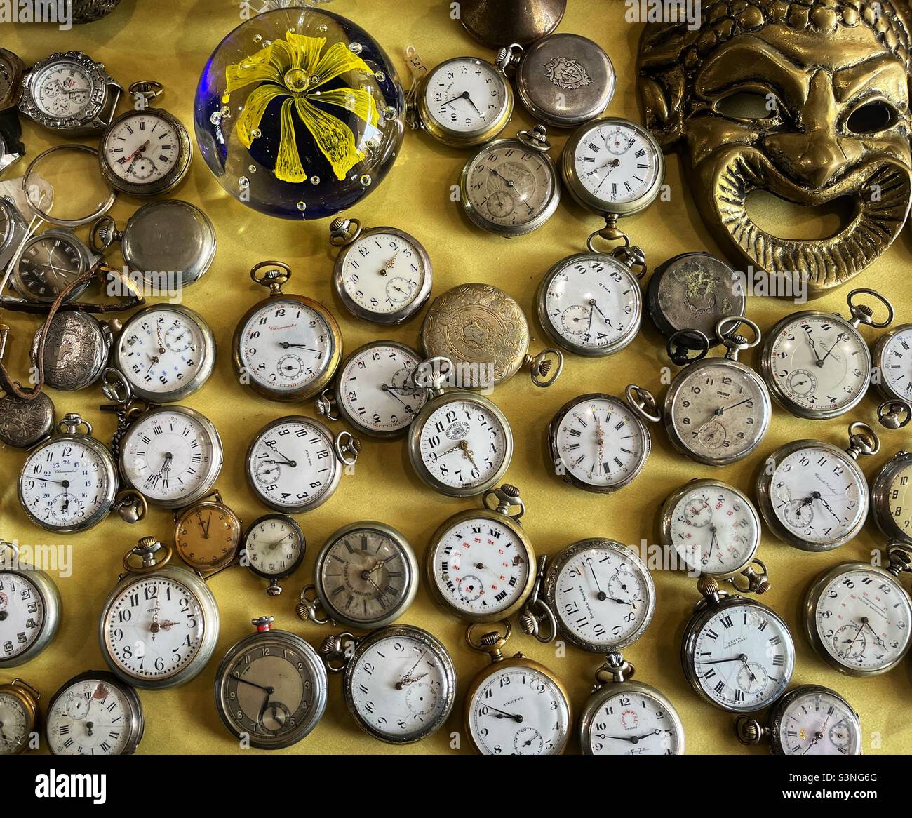 Antique pocket watches at a flea market Stock Photo Alamy