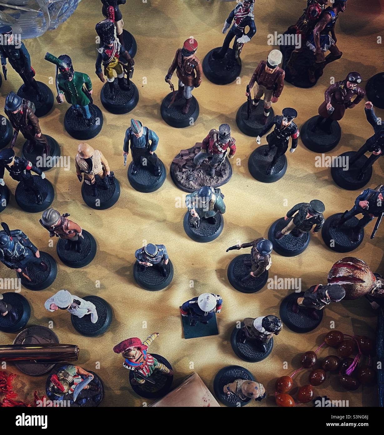 Tin soldiers at a flea market in birds eye perspective from above Stock Photo