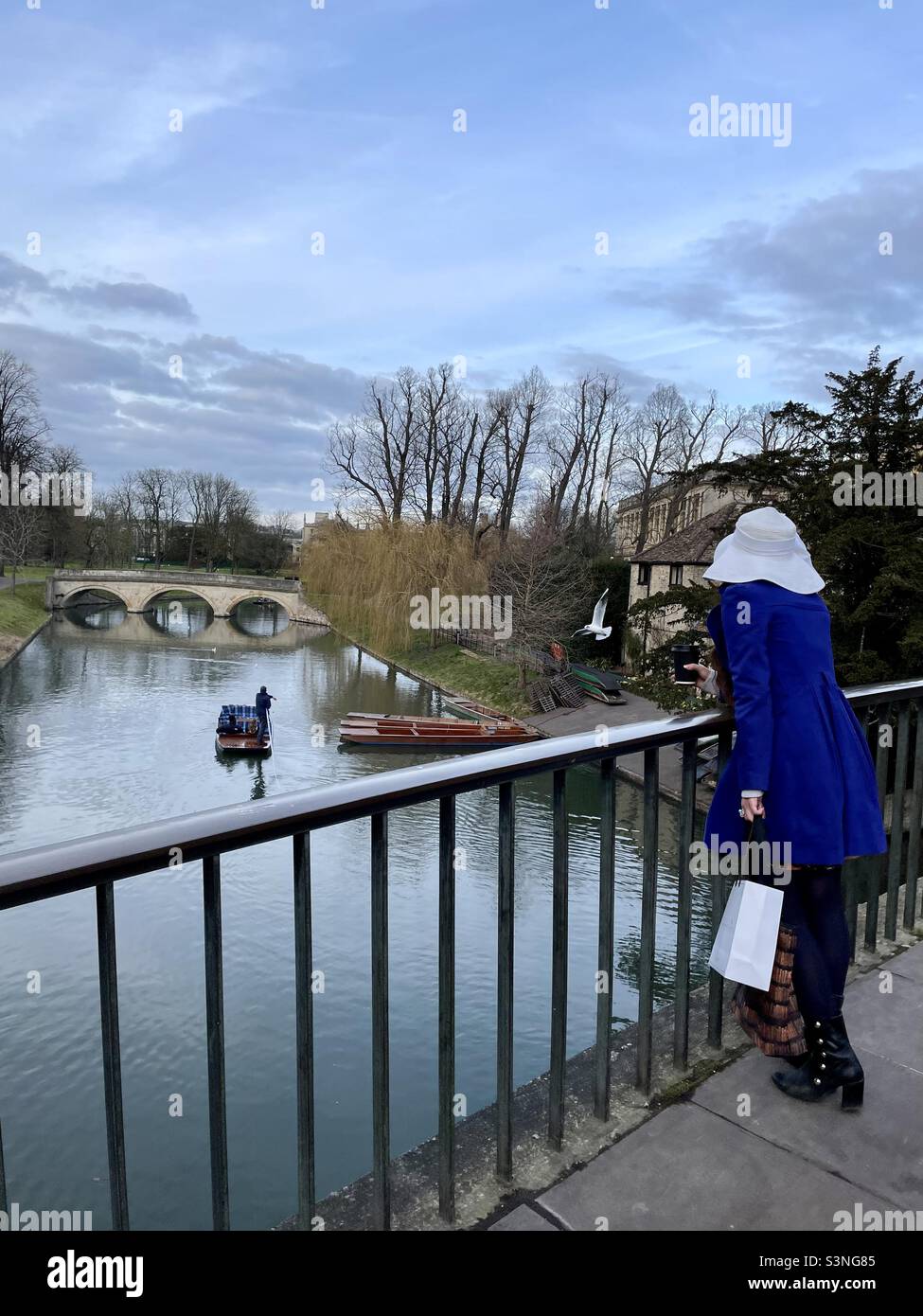 Lady in Blue Tourist Cambridge Uk Punting - Smartphone Captured Stock Image