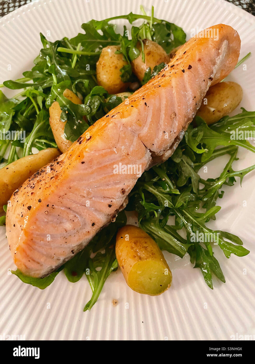 Close Up of Grilled Salmon and New Potato Entree,  USA - Smartphone Captured Stock Image