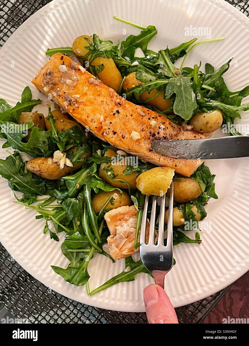 Diner cutting into a gourmet one dish meal of broiled salmon on a bed of arugula with tiny potatoes, 2022, USA - Smartphone Captured Stock Image