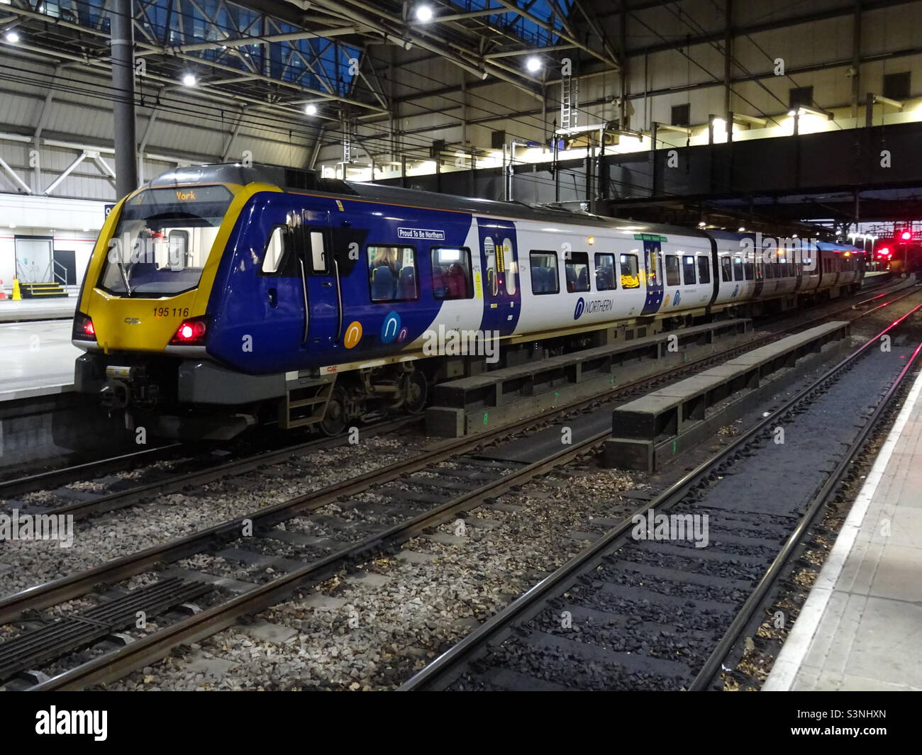 Northern Trains Class 195 Diesel Multiple Unit waits for passengers at Leeds whilst on a service to York Stock Photo