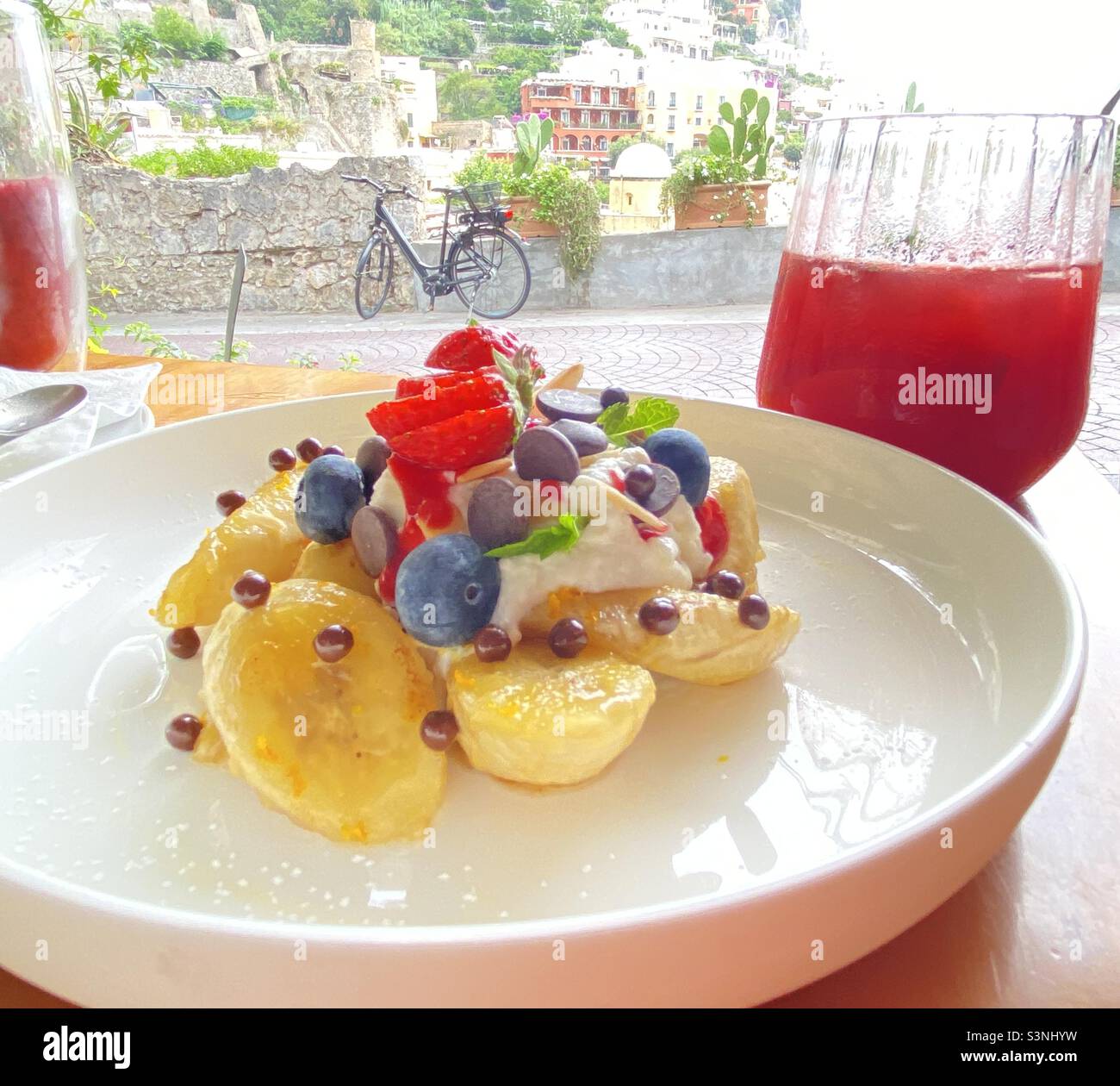 Fresh fruits for breakfast in the idyllic Amalfi coast town of Positano, Italy - Smartphone Captured Stock Image