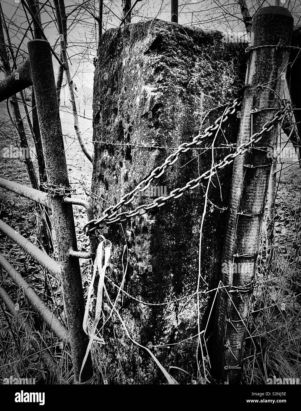 ‘Under Lock & Key… and barbed wire’ a farmers gate is secured to a large stone upright to keep out unwanted visitors Stock Photo