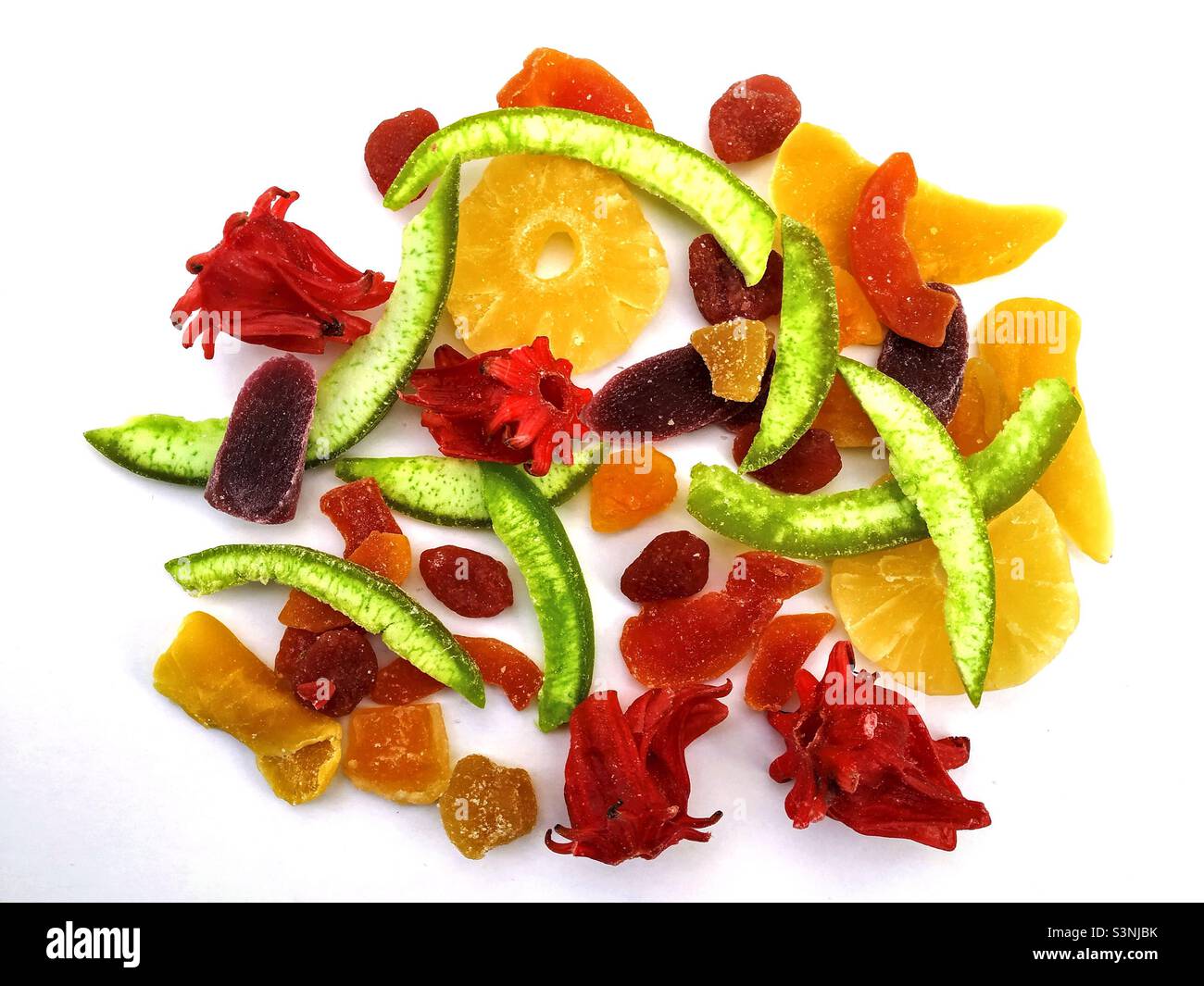 Dried fruits and hibiscus flowers. Stock Photo