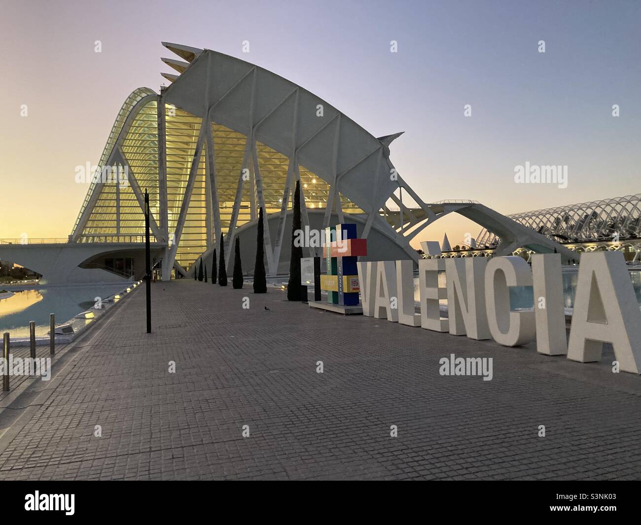 Sunrise at the City of Arts and Sciences in Valencia, Spain Stock Photo