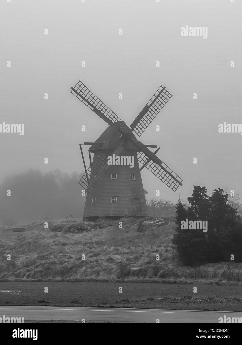 Old windmill made in wood, standing on a tiny hill next to the road on a very misty winter day. Behind there is a forest and next to the windmill there are some tiny trees. Stock Photo