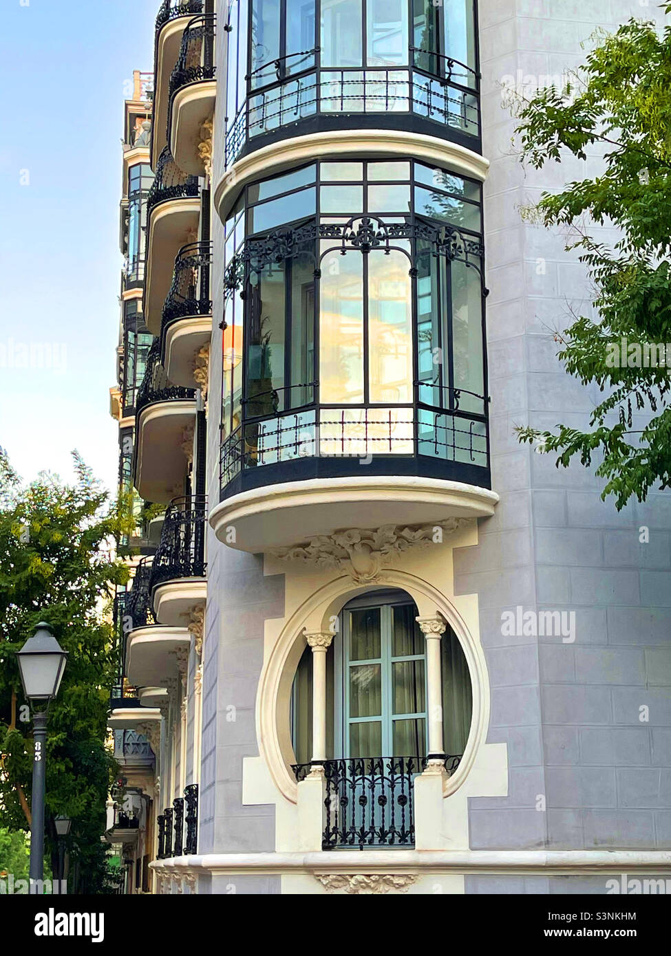 Balconies of Art Nouveau building. Atala street, Madrid, Spain. Stock Photo
