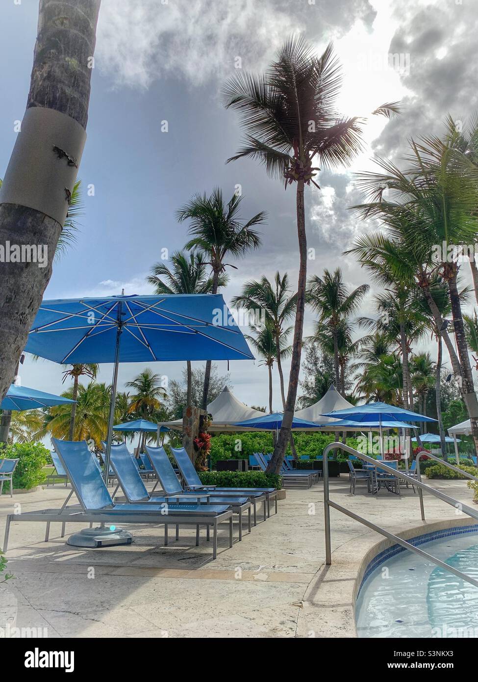 Sun loungers Courtyard by Marriott Isla Verde Puerto Rico. Stock Photo