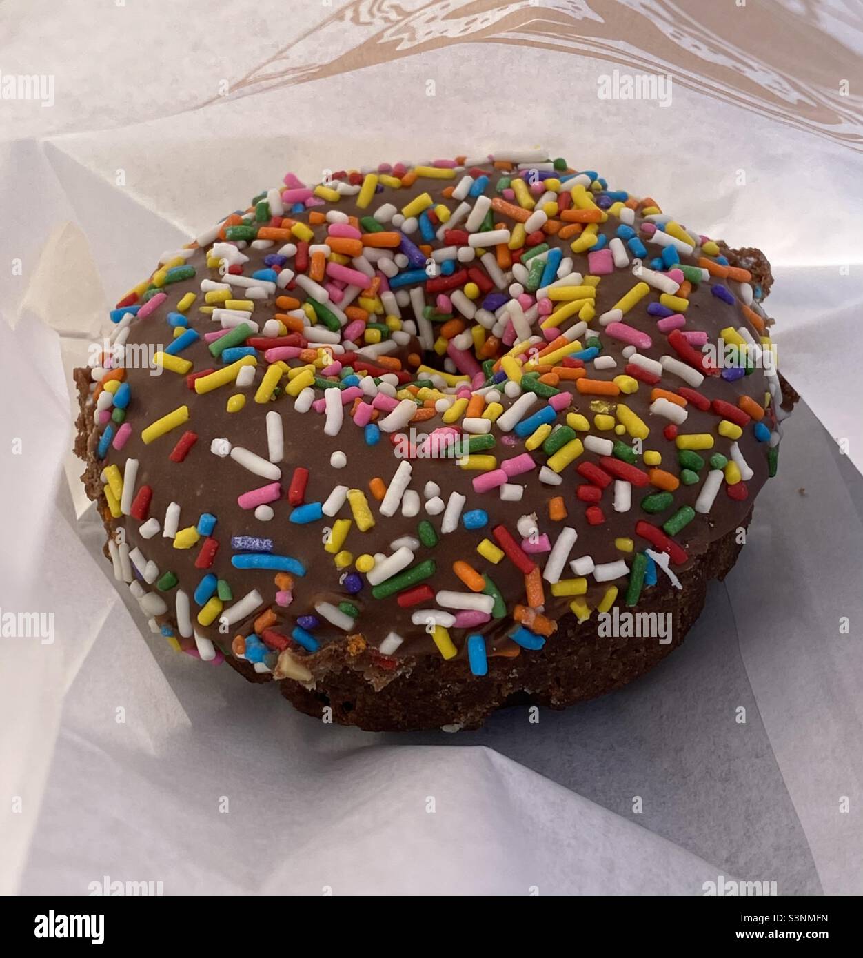 Chocolate iced donut with rainbow sprinkles Stock Photo Alamy