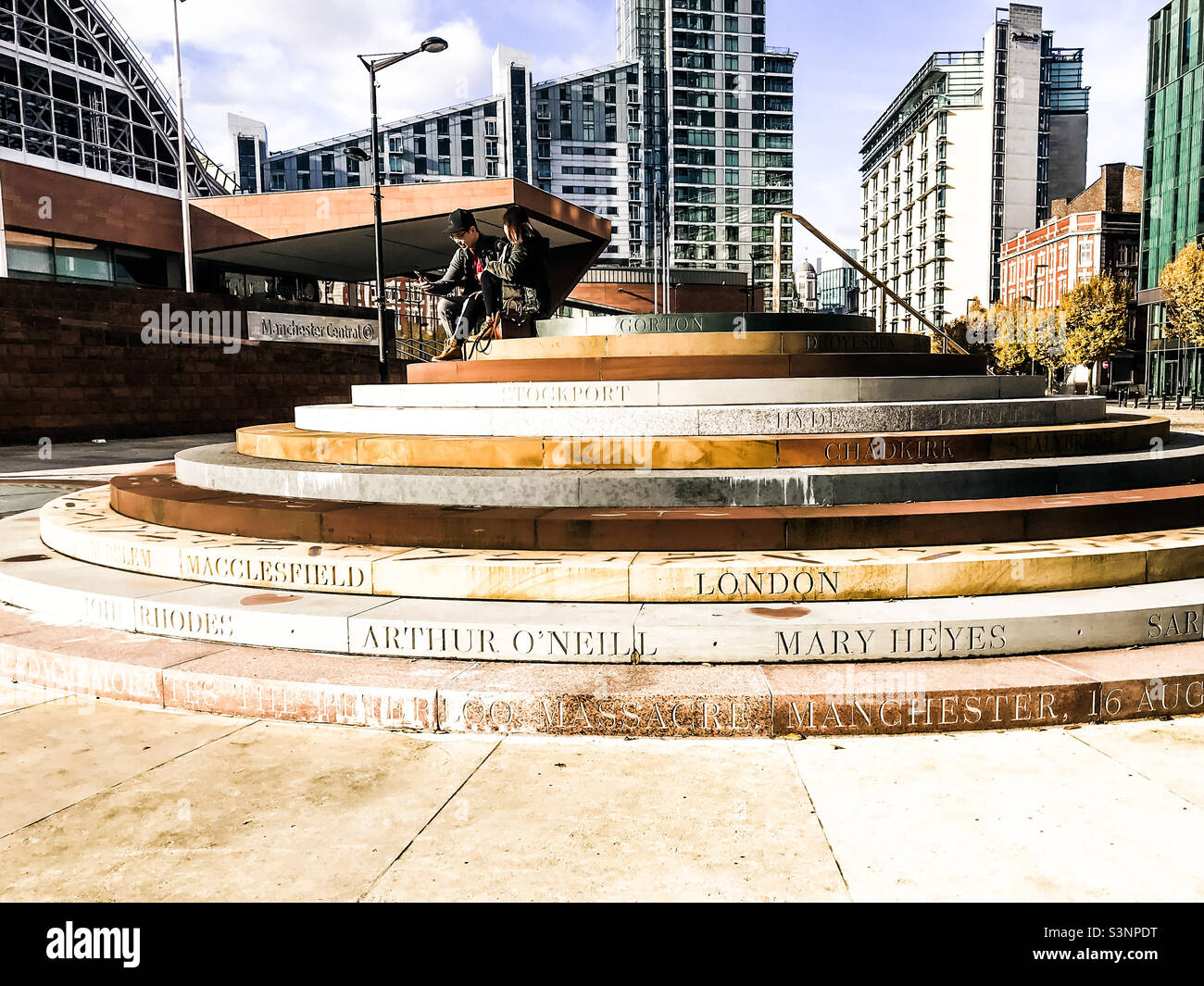 Manchester central and Peterloo memorial Stock Photo