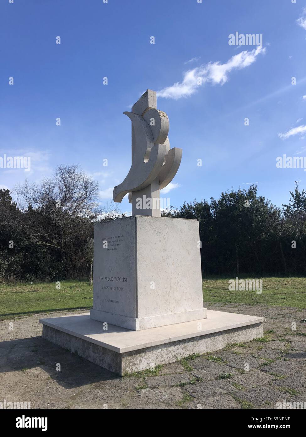 Monument of Italian Film maker poet writer and thinker Pierre Paolo Pasolini where he was murdered in 1975 in Ostia Lazio Rome Italy - Smartphone Captured Stock Image