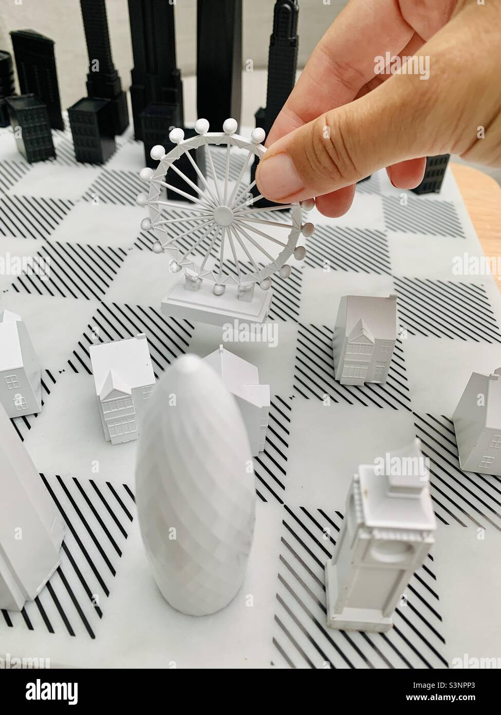 London buildings chess pieces black and white - Smartphone Captured Stock Image