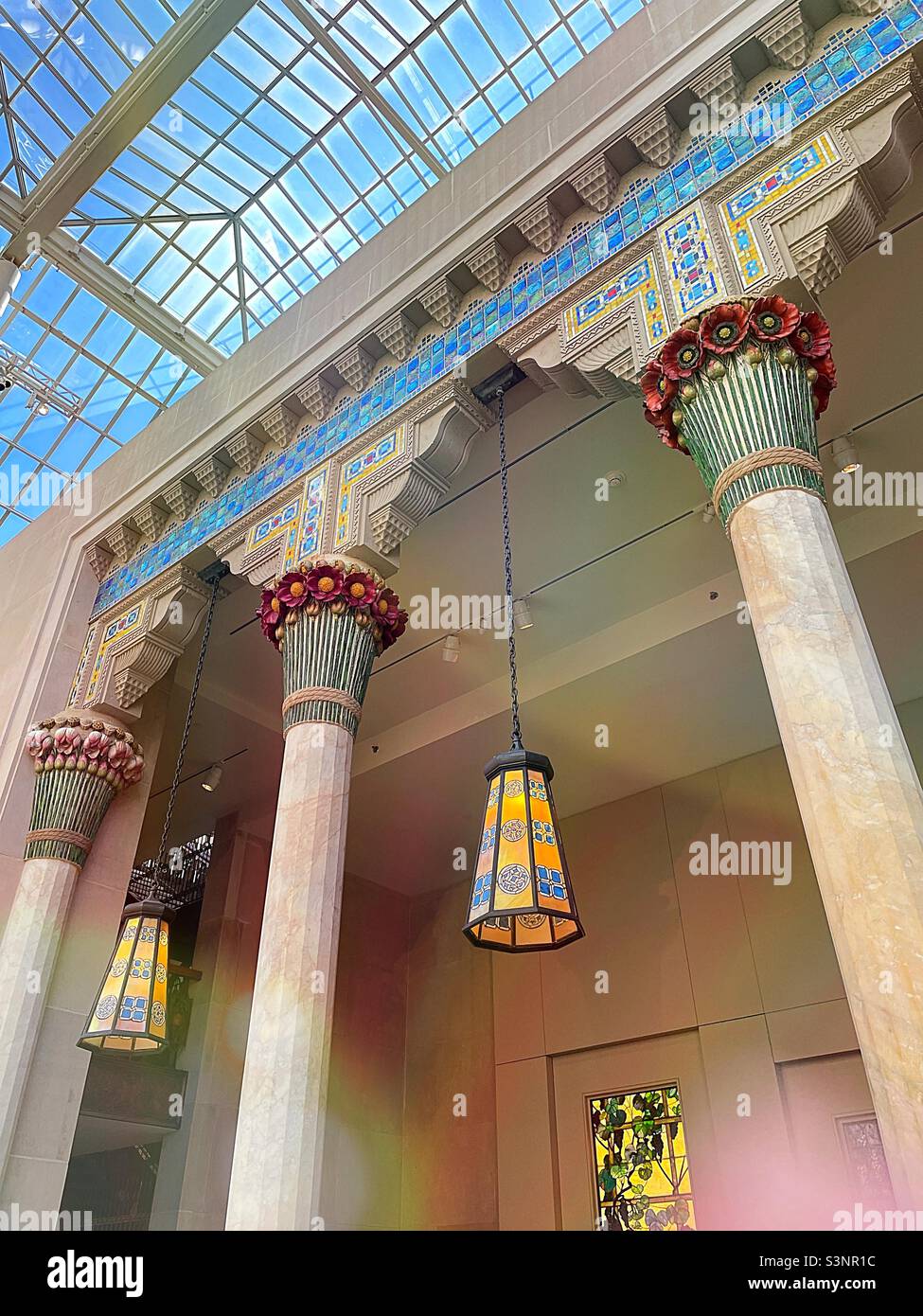 The American art wing at the Metropolitan Museum of Art contains the work of Louis Tiffany and lights from Lauralton hall, 2022, NYC, USA - Smartphone Captured Stock Image