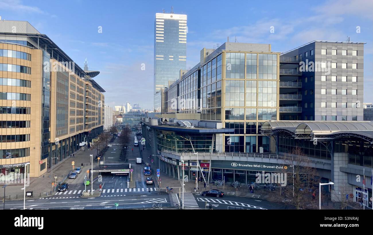 View of the Brussels-South railway station (French: Gare de Bruxelles Midi,...