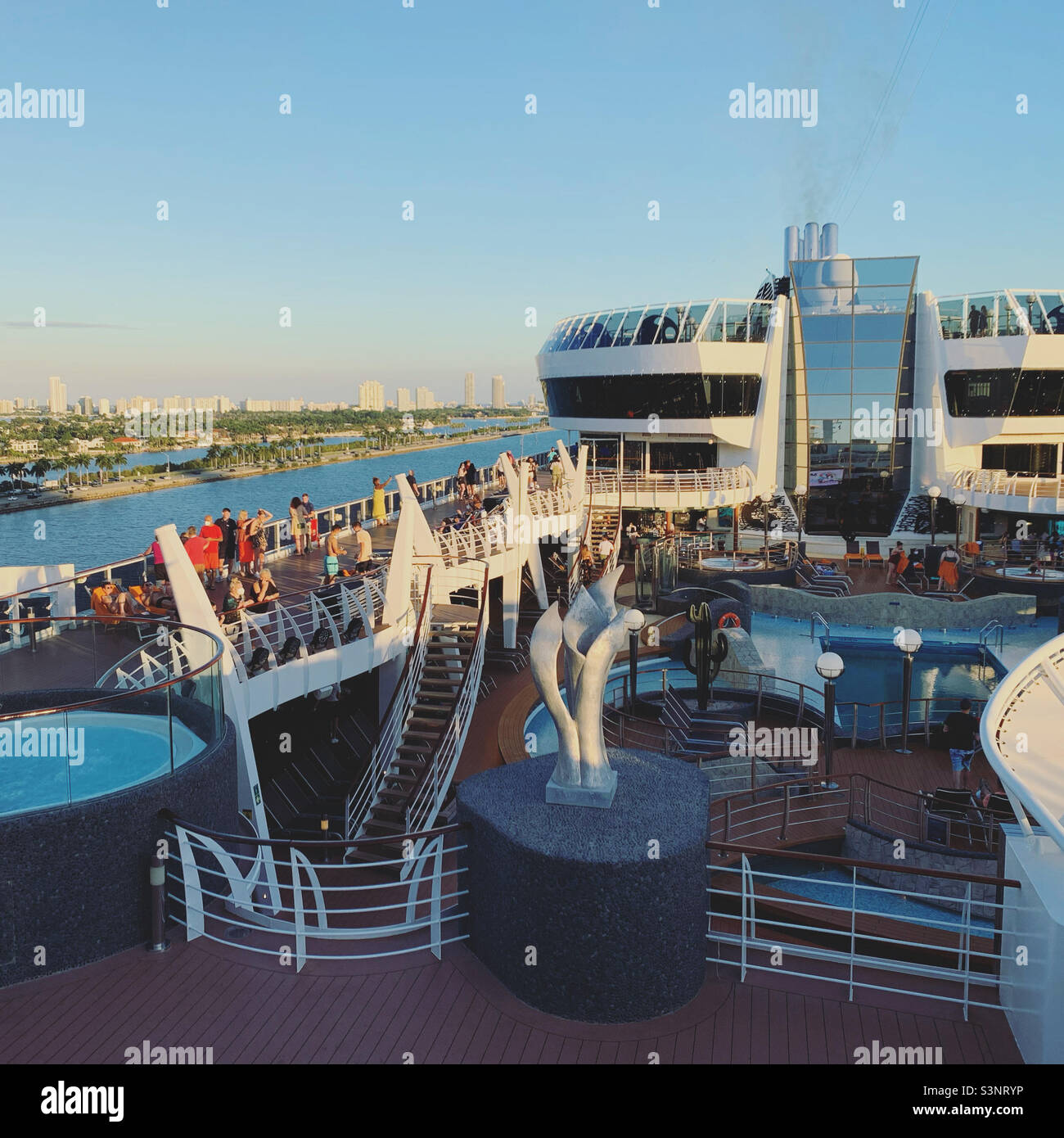 January, 2022, View over lower decks from a high deck on the MSC Divina while leaving the Port of Miami, Florida, United States, North America - Smartphone Captured Stock Image