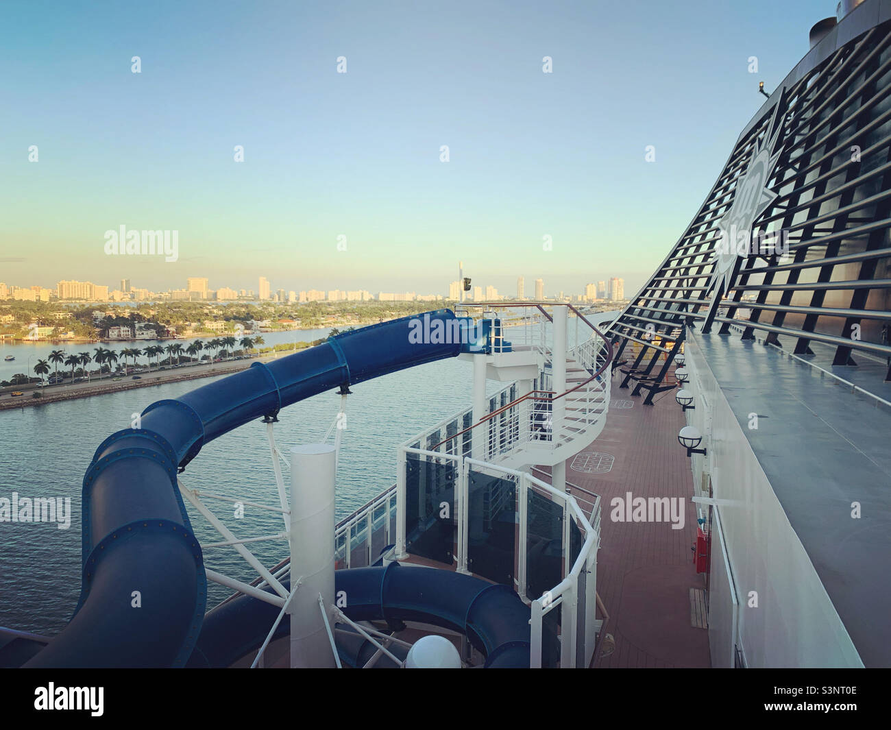 January, 2022, on the MSC Divina as it leaves port, water slide to the left, Miami, Florida, United States, North America - Smartphone Captured Stock Image