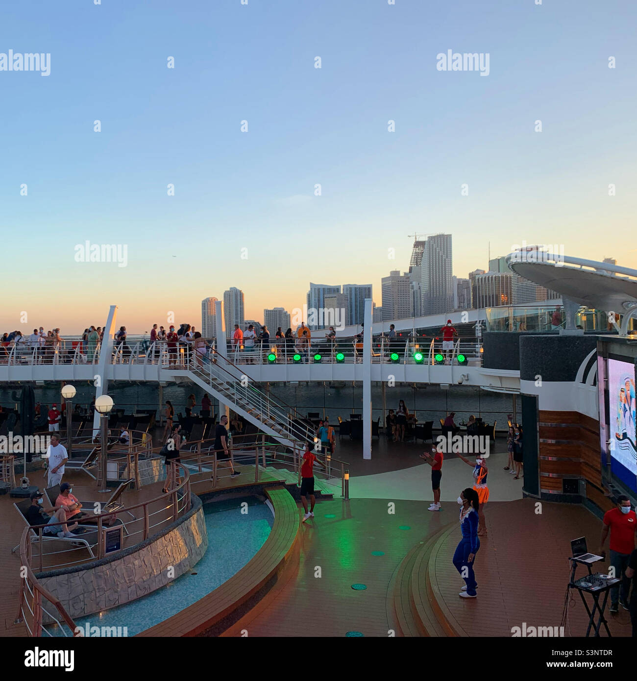 January, 2022, On the MSC Divina, leaving the Port of Miami, Miami, Florida, United States, North America - Smartphone Captured Stock Image