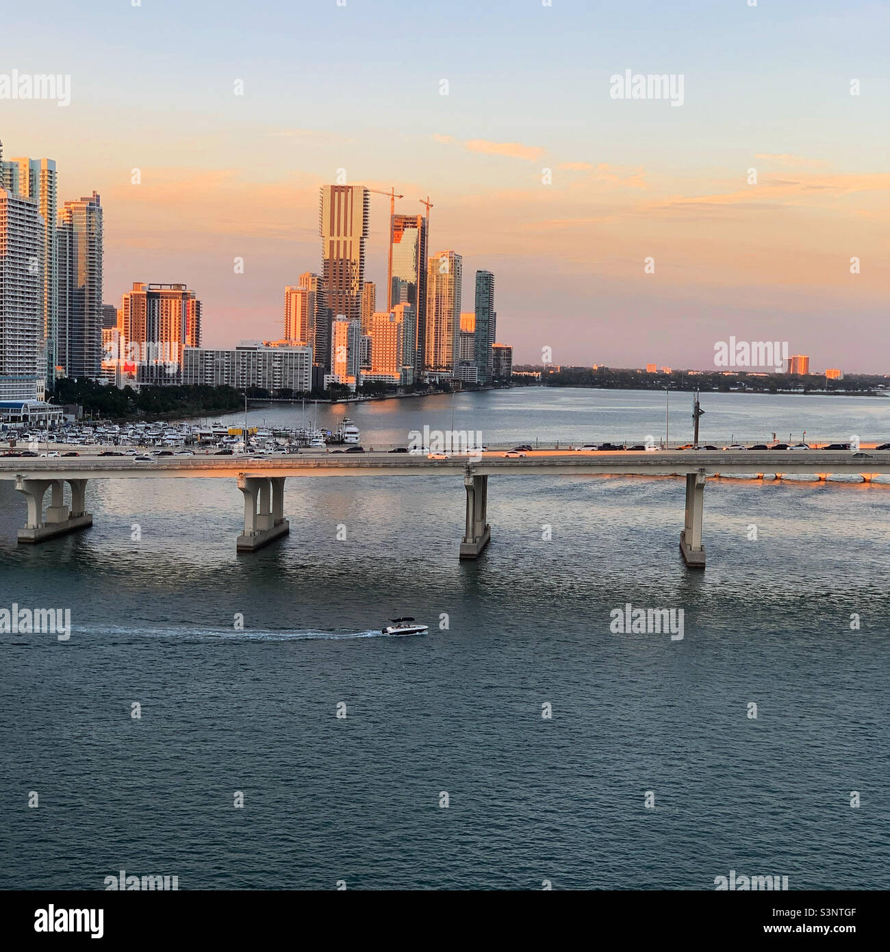 January, 2022, view of skyscrapers while sailing away on a cruise ship, Miami, Florida, United States, North America - Smartphone Captured Stock Image