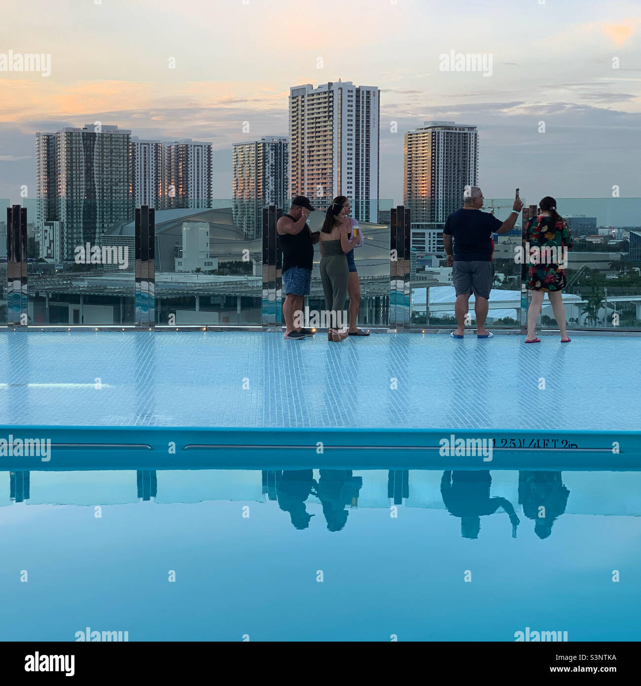 January, 2022, pool on a deck of the MSC Divina as the cruise ship leaves the Port of Miami, Florida, United States, North America - Smartphone Captured Stock Image