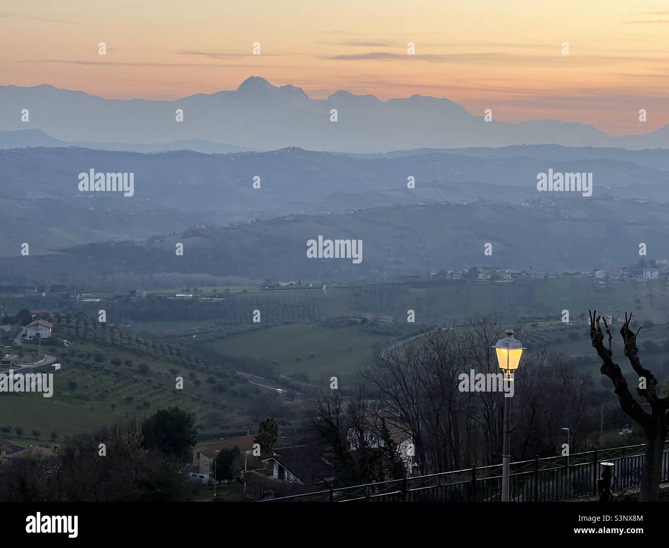 Sunset view from Tortoreto Alta over Apennine Mountains Stock Photo
