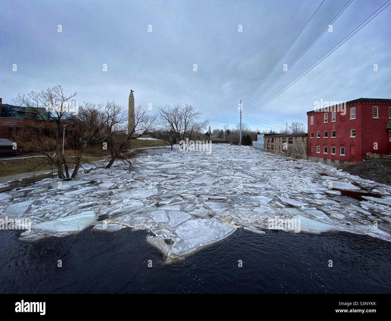 Ice jam on the Saranac River in downtown Plattsburgh, New York Stock