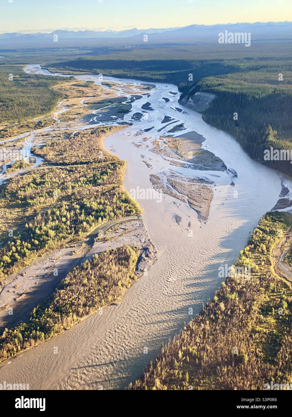 Aerial photo of the Copper River near Glennallen, AK in the summer
