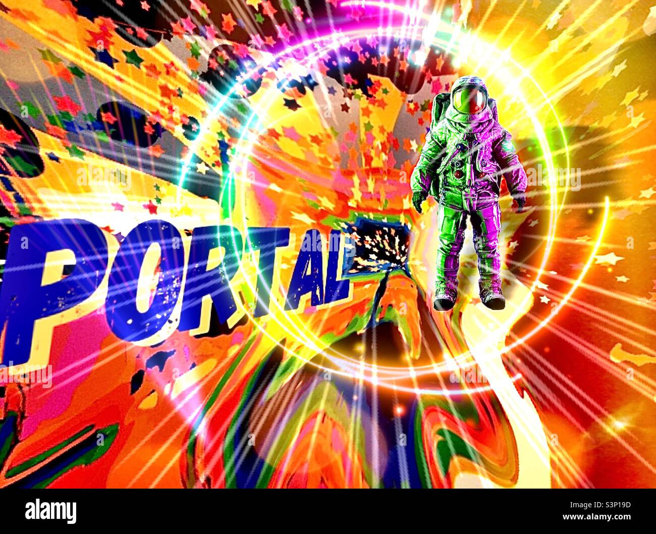 IOS apps have taken a simple iPhone photograph shot looking out through a Receiving Dock door and created a psychedelic, supernatural portal in space. - Smartphone Captured Stock Image