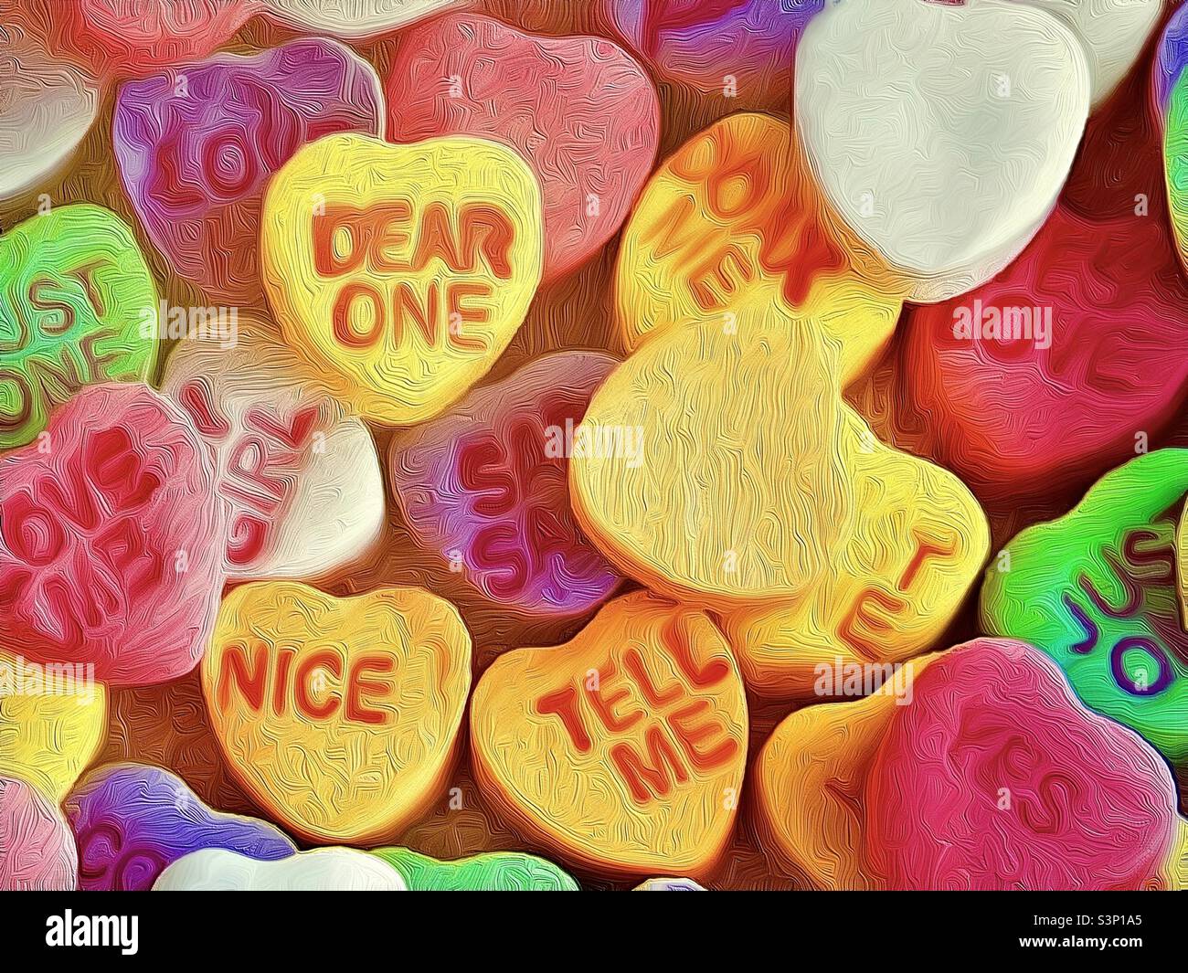 Valentine’s Day candy hearts with sentimental relationship messages. Photo has been altered to create a painterly, textured image. - Smartphone Captured Stock Image
