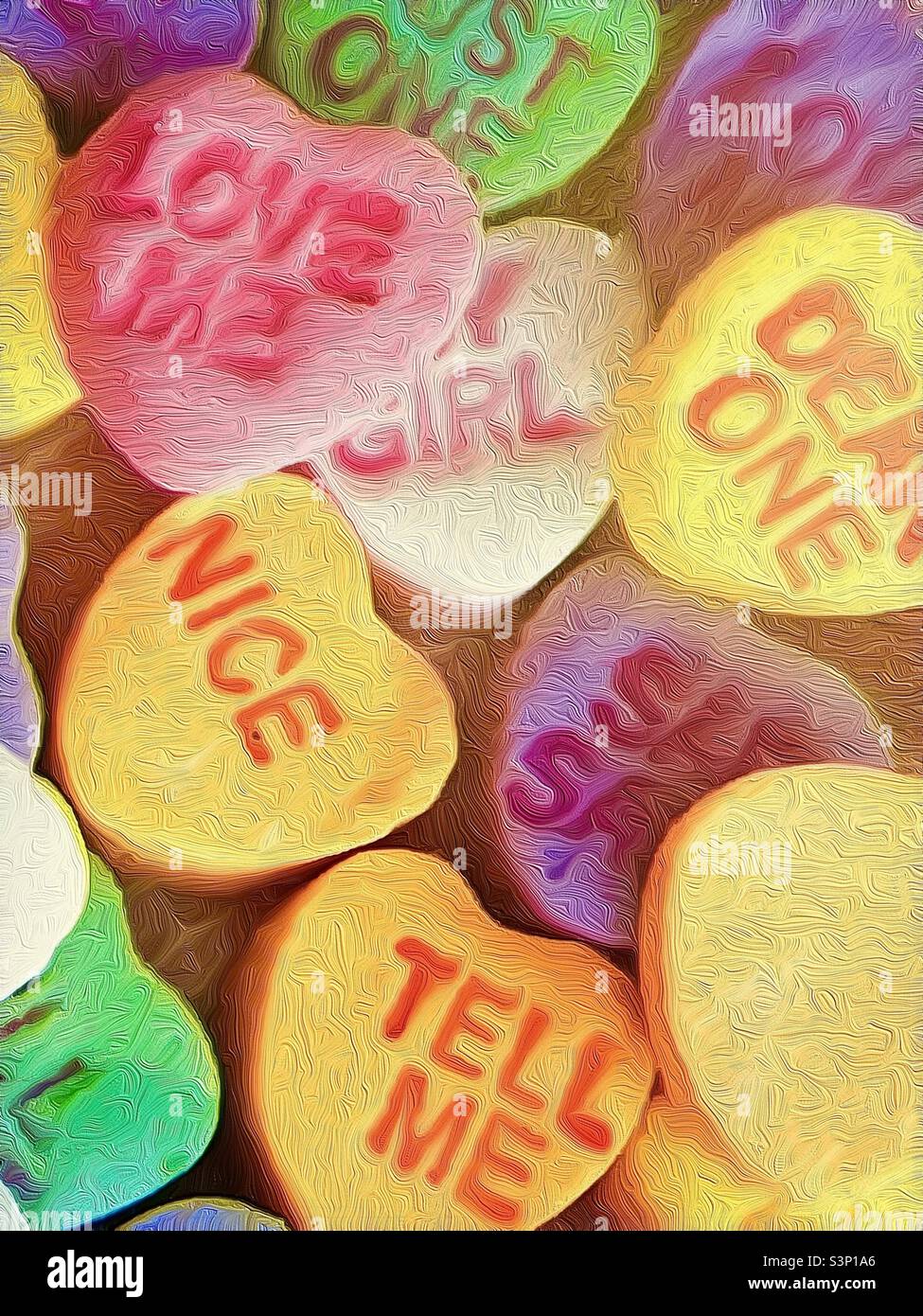 Valentine’s Day candy hearts with sentimental relationship messages. Photo has been altered to create a painterly, textured image. - Smartphone Captured Stock Image