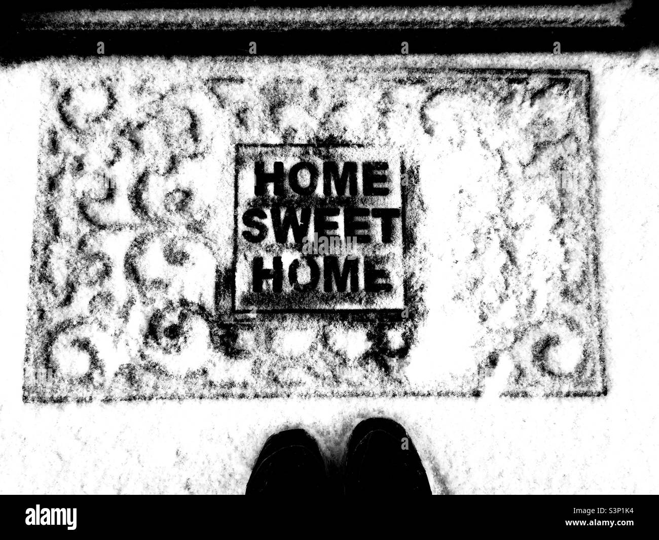 Finding my way home. Two feet stopped at the edge of a familiar object on the ground. Where’s home? How to. Get there. - Smartphone Captured Stock Image