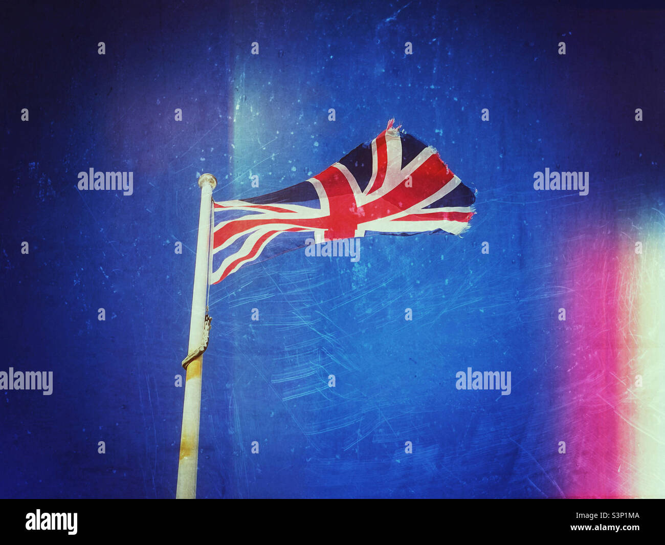 A retro film effect image of the Union Jack - the flag and national identity of the United Kingdom. An image that might show after Brexit, the UK is not as internationally important as it once was? ©️ - Smartphone Captured Stock Image