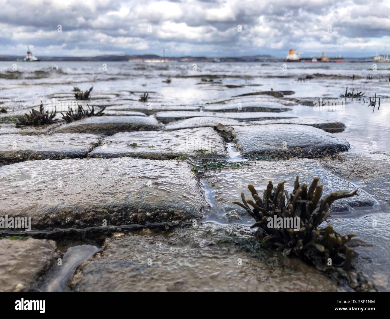 Low angle view from pier out towards the Forth Estuary, South Queensferry, Scotland - Smartphone Captured Stock Image
